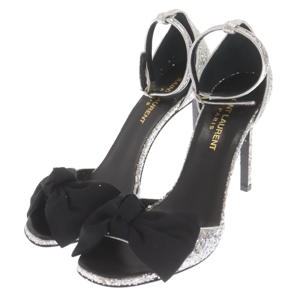 SAINT LAURENT PARIS(サンローランパリ) Sequins Heel Pumps グリッター 438805 リボンモチーフ サンダル ヒール パンプス シルバー/ブラック