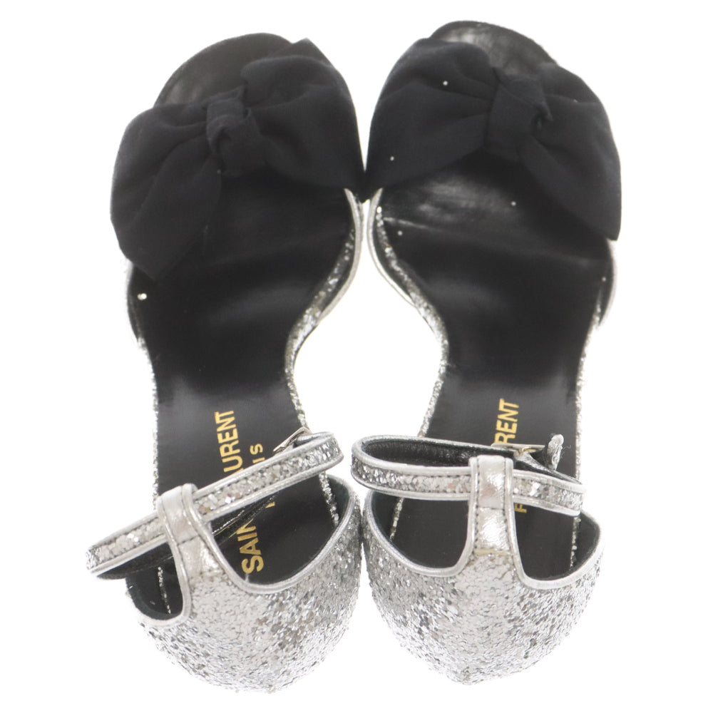 SAINT LAURENT PARIS(サンローランパリ) Sequins Heel Pumps グリッター 438805 リボンモチーフ サンダル ヒール パンプス シルバー/ブラック