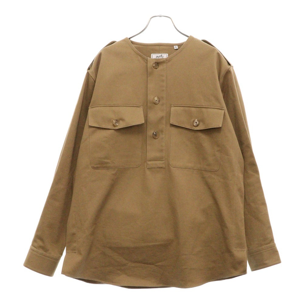 HERMES(エルメス) ノーカラー ハーフボタン 長袖シャツ キャメル