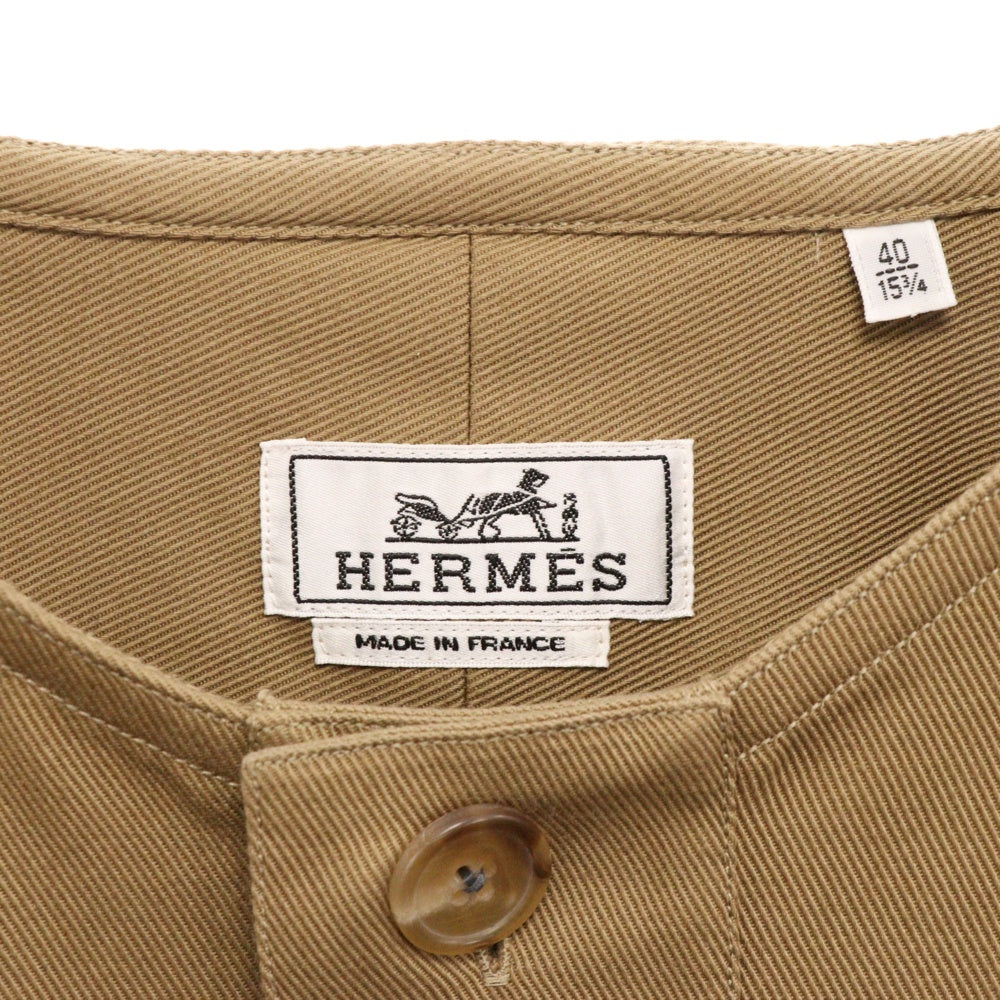 HERMES(エルメス) ノーカラー ハーフボタン 長袖シャツ キャメル