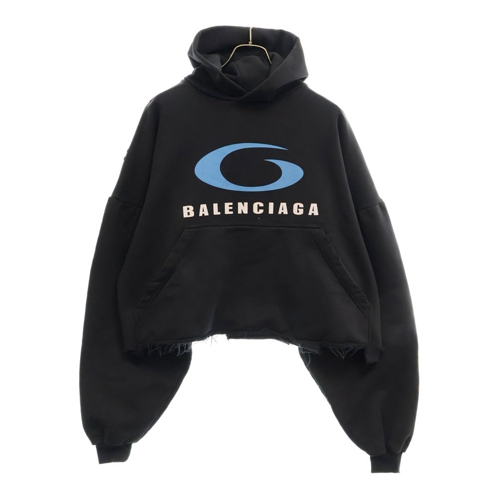 BALENCIAGA(バレンシアガ) 24AW Cropped Hoodie フロントプリントロゴ クロップドパーカー レディース ブラック/ブルー 783397 TRVC3