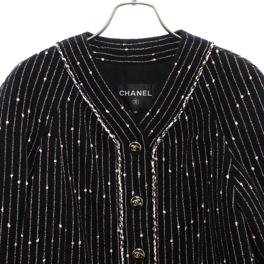 CHANEL(シャネル) ココマークボタン ストライプ ノーカラーツイードジャケット レディース ブラック/ピンク NM434