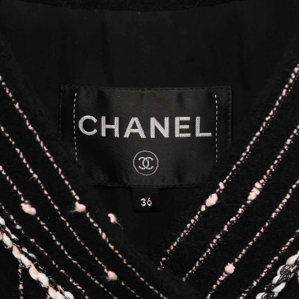 CHANEL(シャネル) ココマークボタン ストライプ ノーカラーツイードジャケット レディース ブラック/ピンク NM434