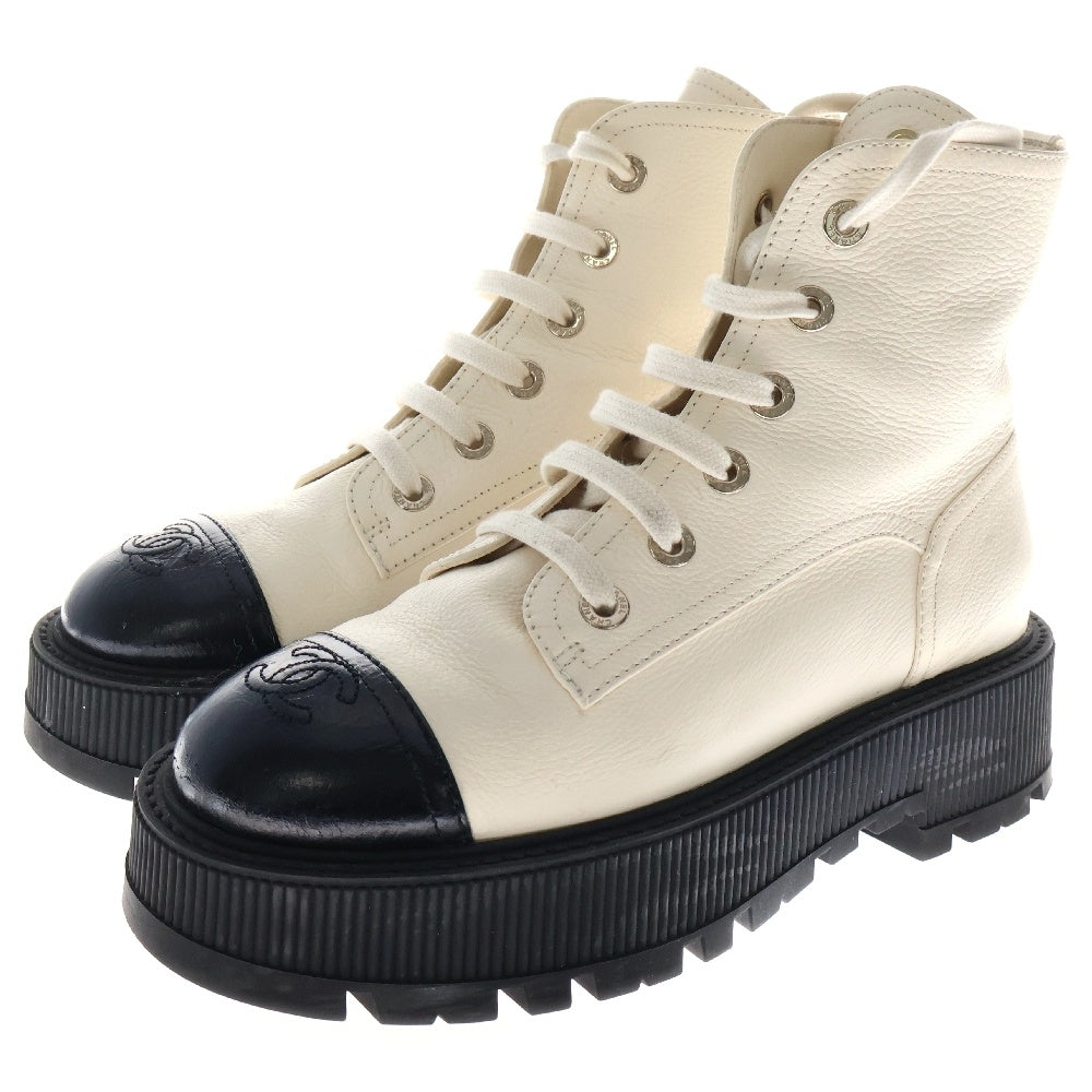 CHANEL(シャネル) CC LACE UP BOOT ココマーク レースアップ ブーツ ホワイト レディース G45124