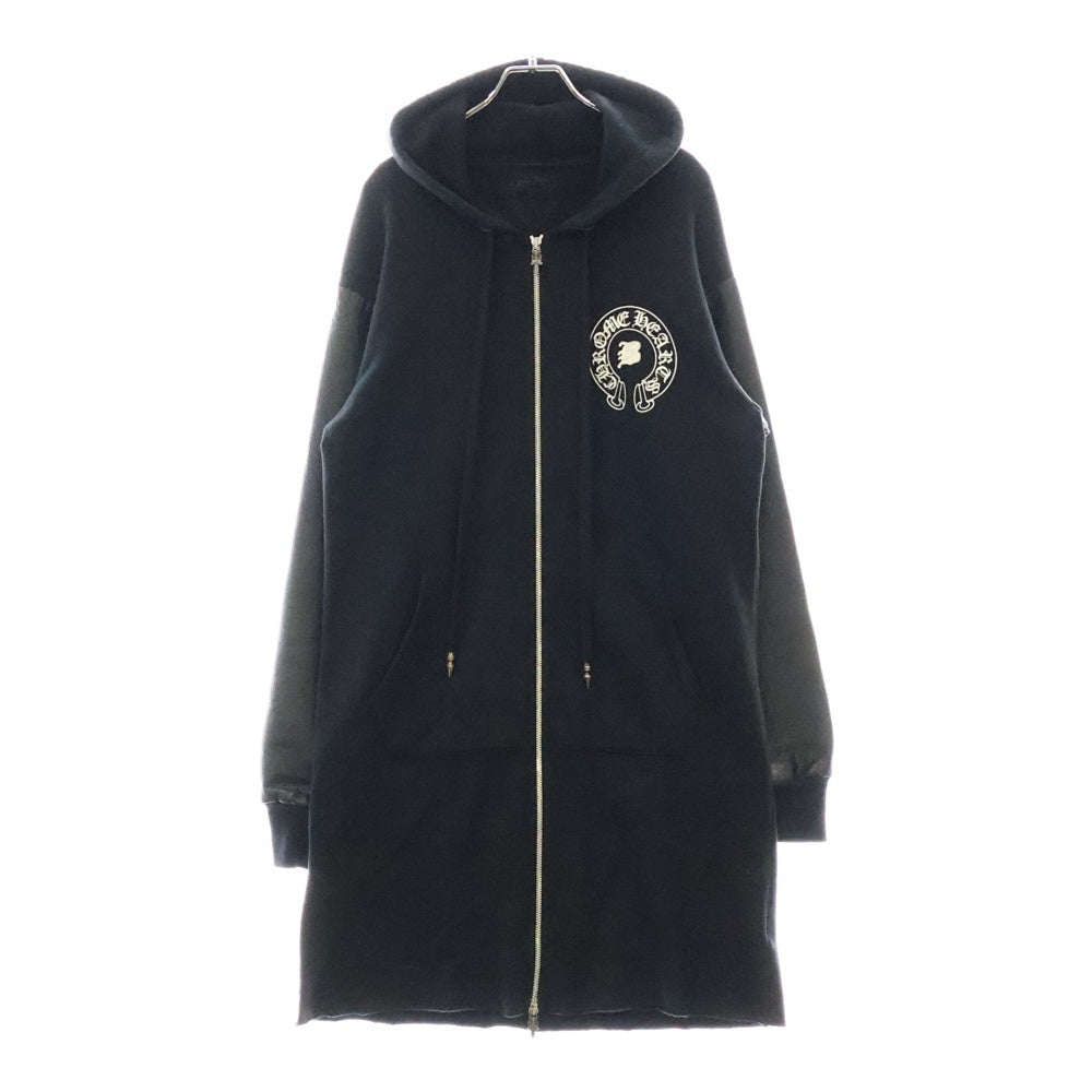 CHROME HEARTS(クロムハーツ) ×Bella Hadid BELLA HD PLVR SHT ×ベラハディッド イニシャルパッチロゴ ダガージップ レザー切り替えロング丈パーカー フーディー レディース ブラック