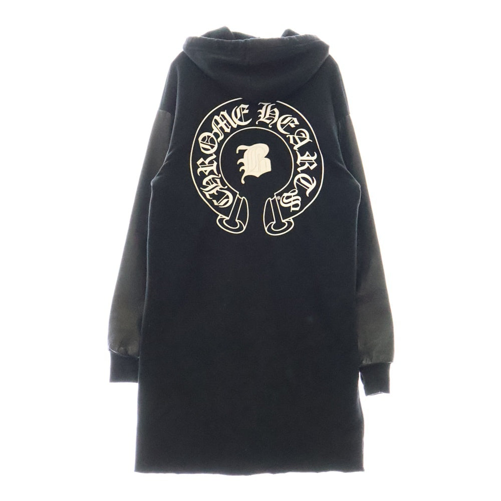 CHROME HEARTS(クロムハーツ) ×Bella Hadid BELLA HD PLVR SHT ×ベラハディッド イニシャルパッチロゴ ダガージップ レザー切り替えロング丈パーカー フーディー レディース ブラック