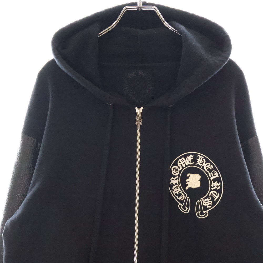 CHROME HEARTS(クロムハーツ) ×Bella Hadid BELLA HD PLVR SHT ×ベラハディッド イニシャルパッチロゴ ダガージップ レザー切り替えロング丈パーカー フーディー レディース ブラック