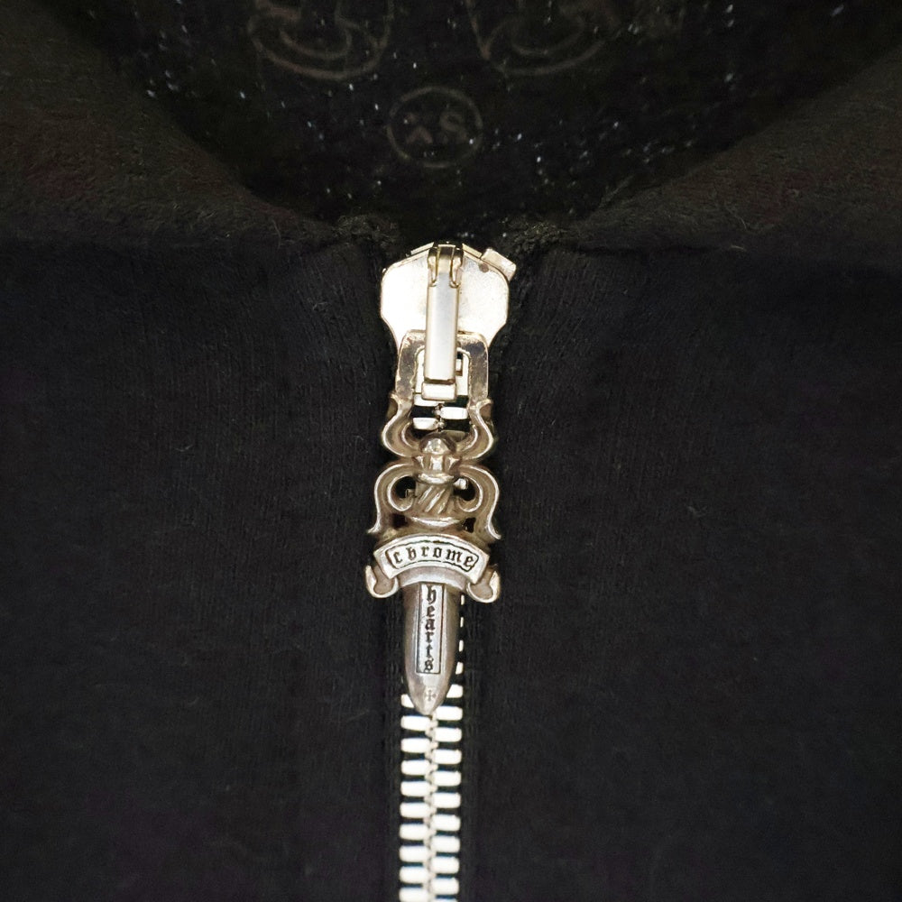 CHROME HEARTS(クロムハーツ) ×Bella Hadid BELLA HD PLVR SHT ×ベラハディッド イニシャルパッチロゴ ダガージップ レザー切り替えロング丈パーカー フーディー レディース ブラック