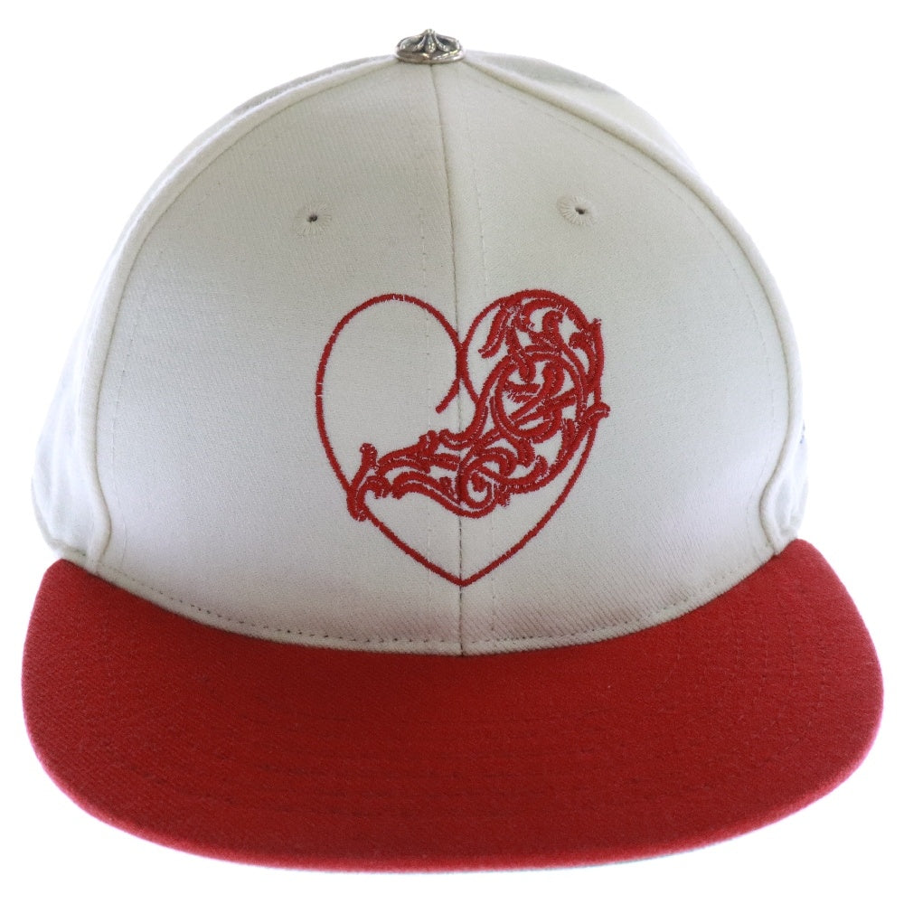CHROME HEARTS(クロムハーツ) FITTED WOOL ACRYLIC SERGE VINY HEART ヴァインハートロゴ刺繍ベースボールキャップ 帽子 アイボリー/レッド