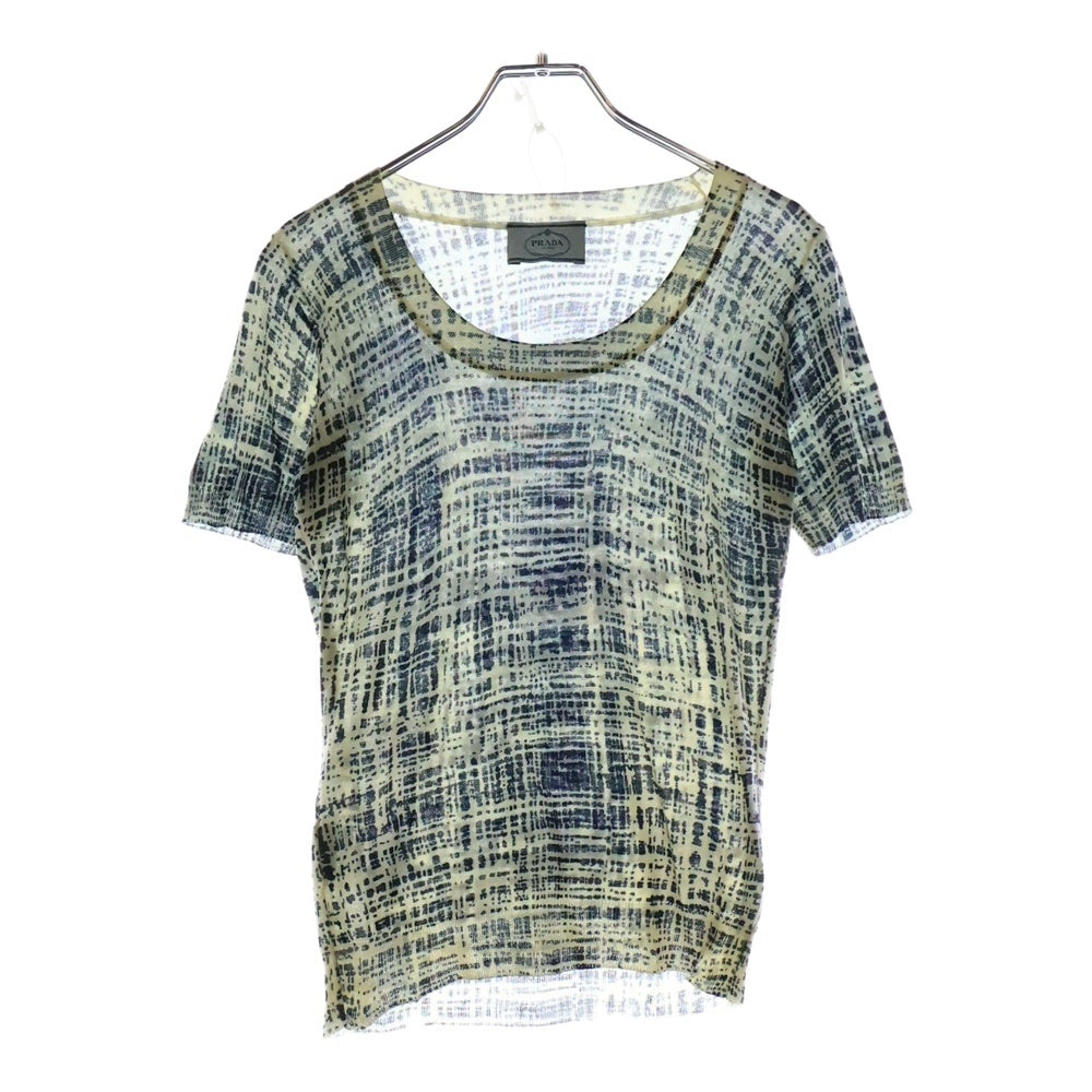 PRADA(プラダ) 総柄 コットンニットTシャツ レディース ホワイト/ネイビー