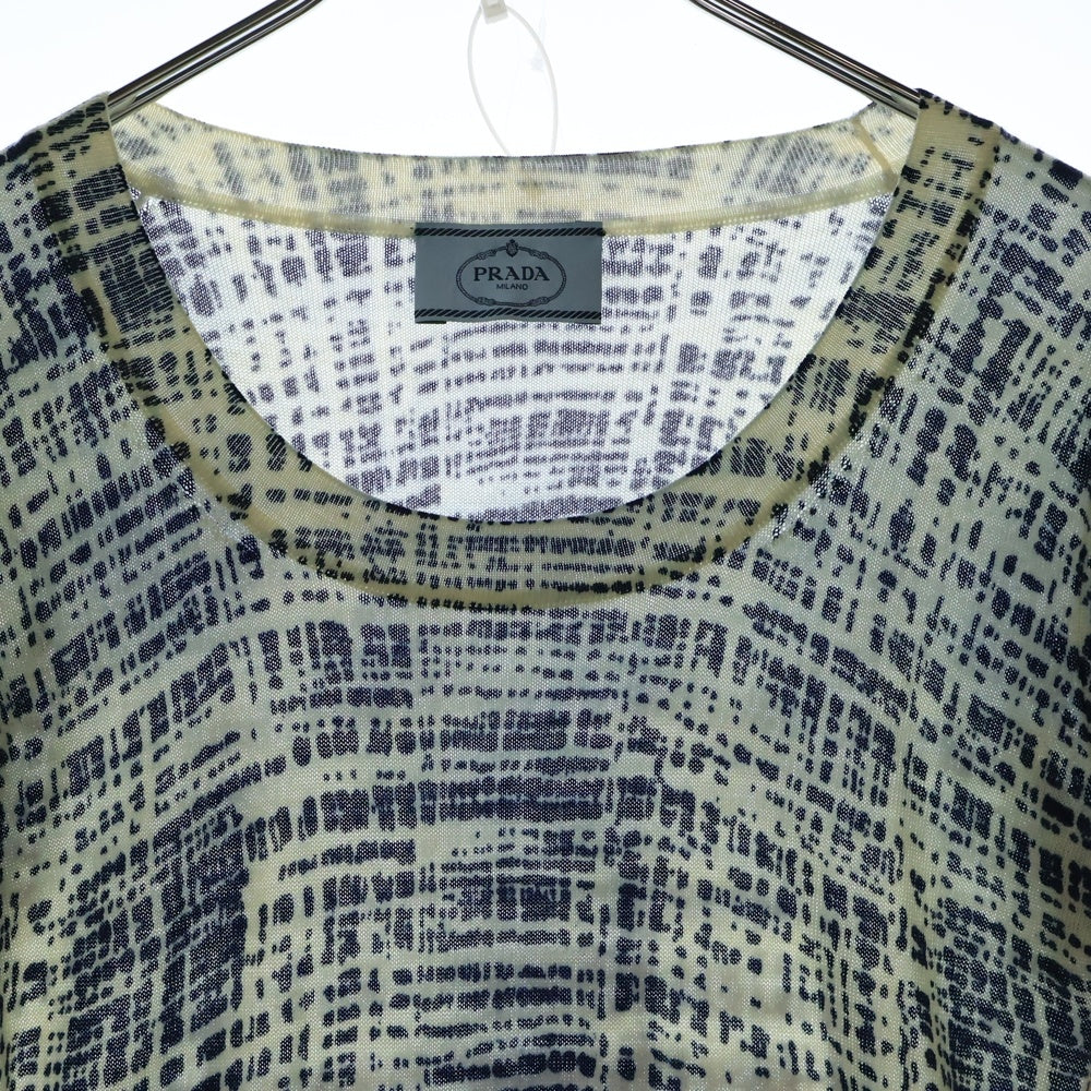 PRADA(プラダ) 総柄 コットンニットTシャツ レディース ホワイト/ネイビー