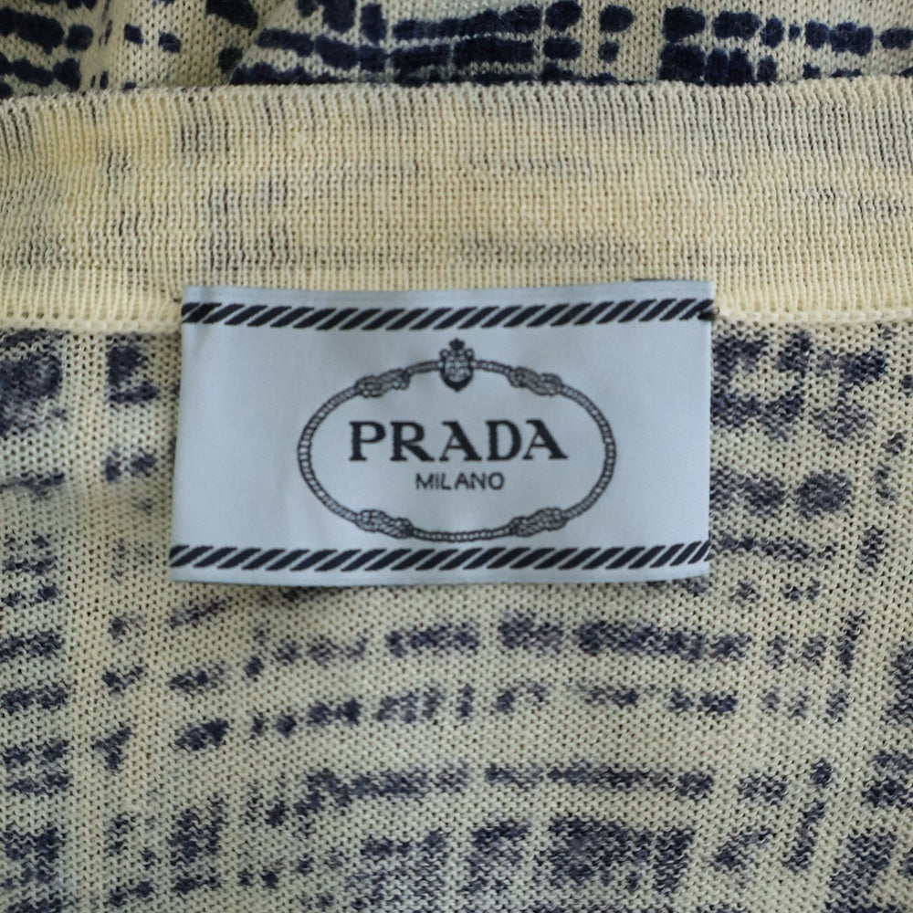 PRADA(プラダ) 総柄 コットンニットTシャツ レディース ホワイト/ネイビー