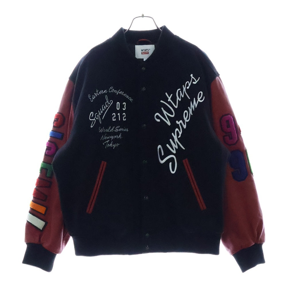 SUPREME(シュプリーム) ×WTAPS 21AW VARSITY JACKET ワッペン装飾 レザー切り替えスタジアムジャケット ブラック/レッド