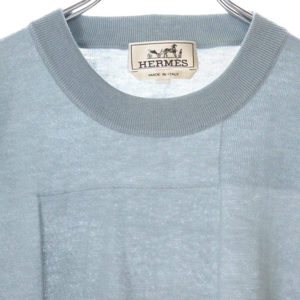 HERMES(エルメス) 25SS Calques en H カルク・アン・H ジャガード織 カシミア混半袖ニット ブルー H557060HA