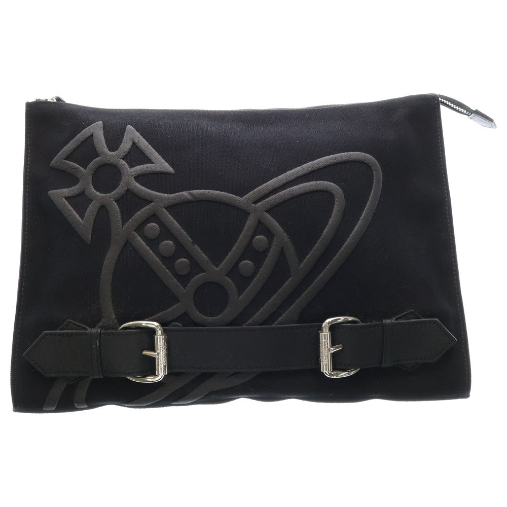 Vivienne Westwood(ヴィヴィアンウエストウッド) ORBロゴ キャンバス×レザー クラッチバッグ セカンドバッグ ブラック
