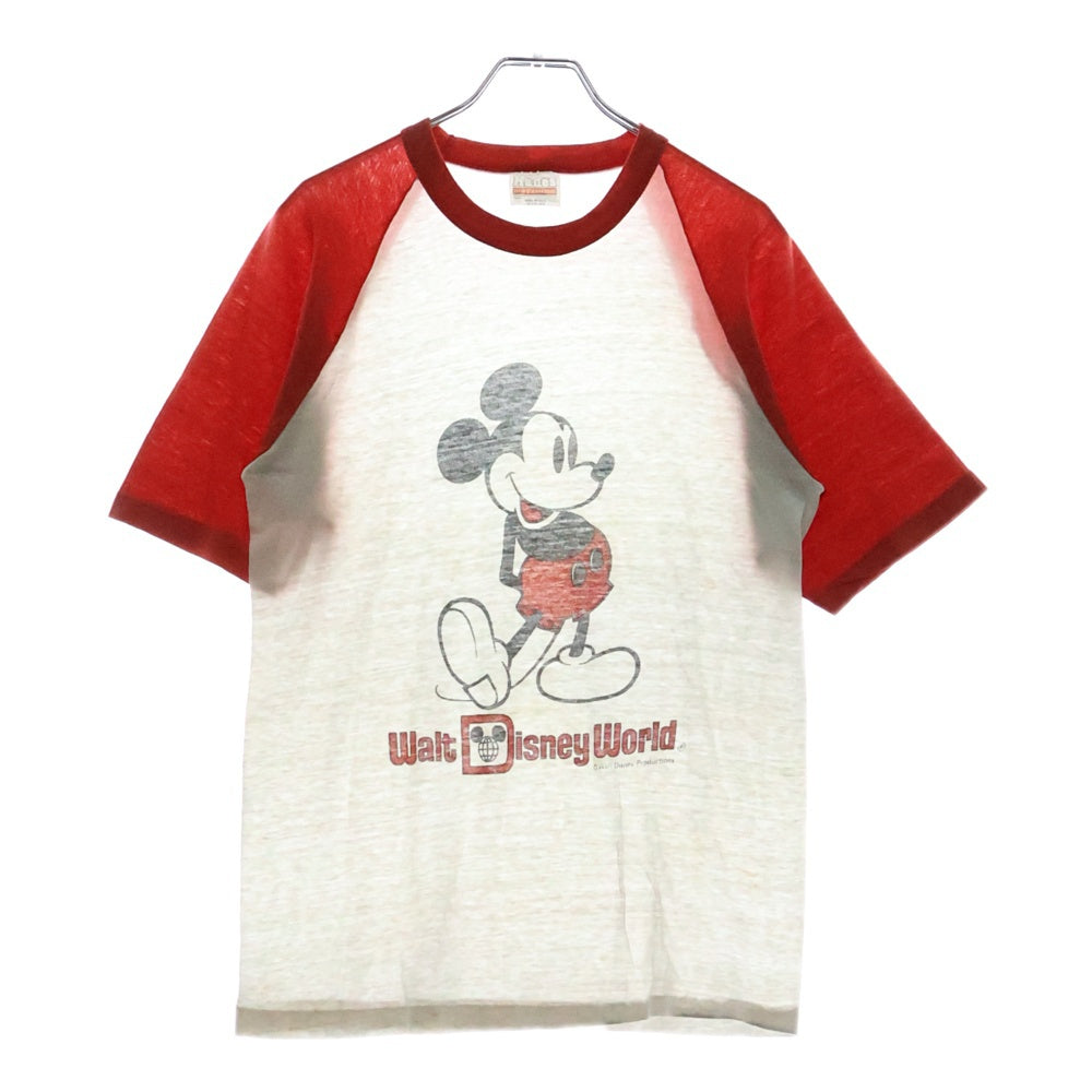Hanes(ヘインズ) 80s Disney ミッキーマウス ラグラン クルーネック半袖Tシャツカットソー ホワイト/レッド