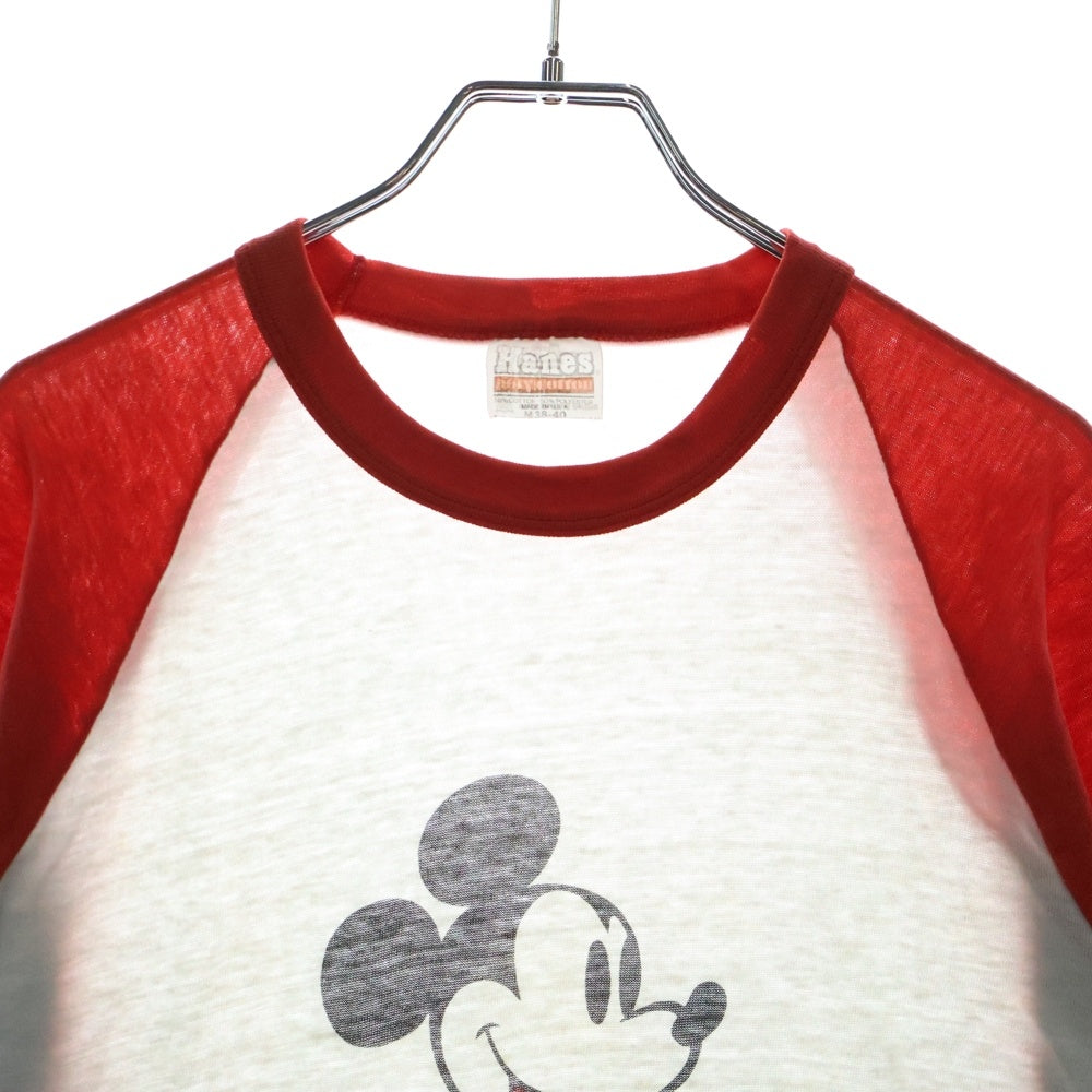 Hanes(ヘインズ) 80s Disney ミッキーマウス ラグラン クルーネック半袖Tシャツカットソー ホワイト/レッド