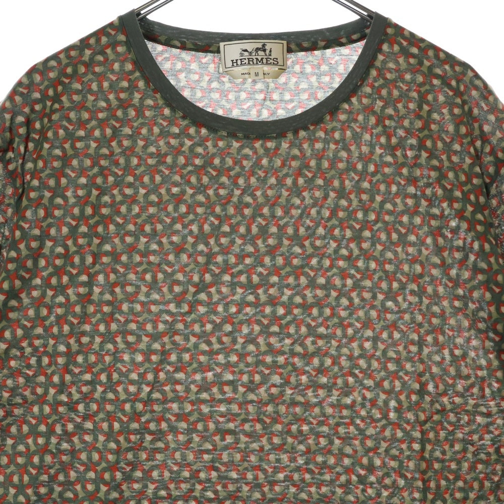 HERMES(エルメス) 総柄 クルーネック半袖Tシャツカットソー カーキ/レッド