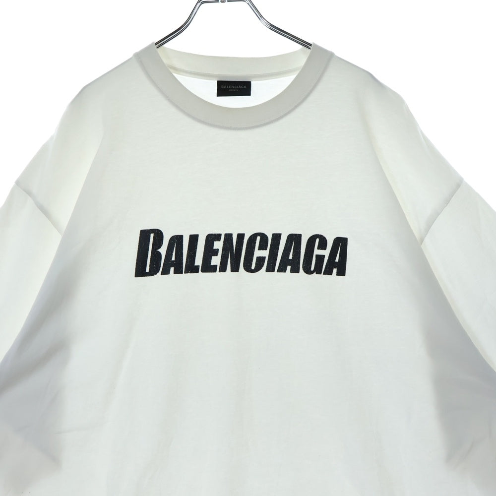 BALENCIAGA(バレンシアガ) 21SS Caps Destroyed Flatground デストロイ加工 フロントロゴプリント クルーネック半袖Tシャツカットソー ホワイト KT93 651795TNVL19040