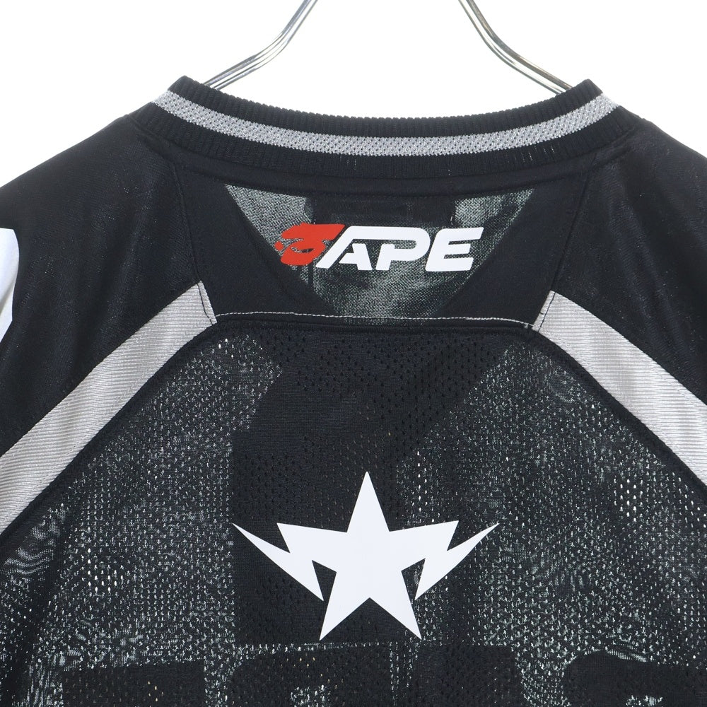 A BATHING APE(アベイシングエイプ) LINE CAMO JACQUARD RELAXED FIT FOOTBALL JERSEY 両面プリント ゲームシャツ ブラック 001CSL801312M