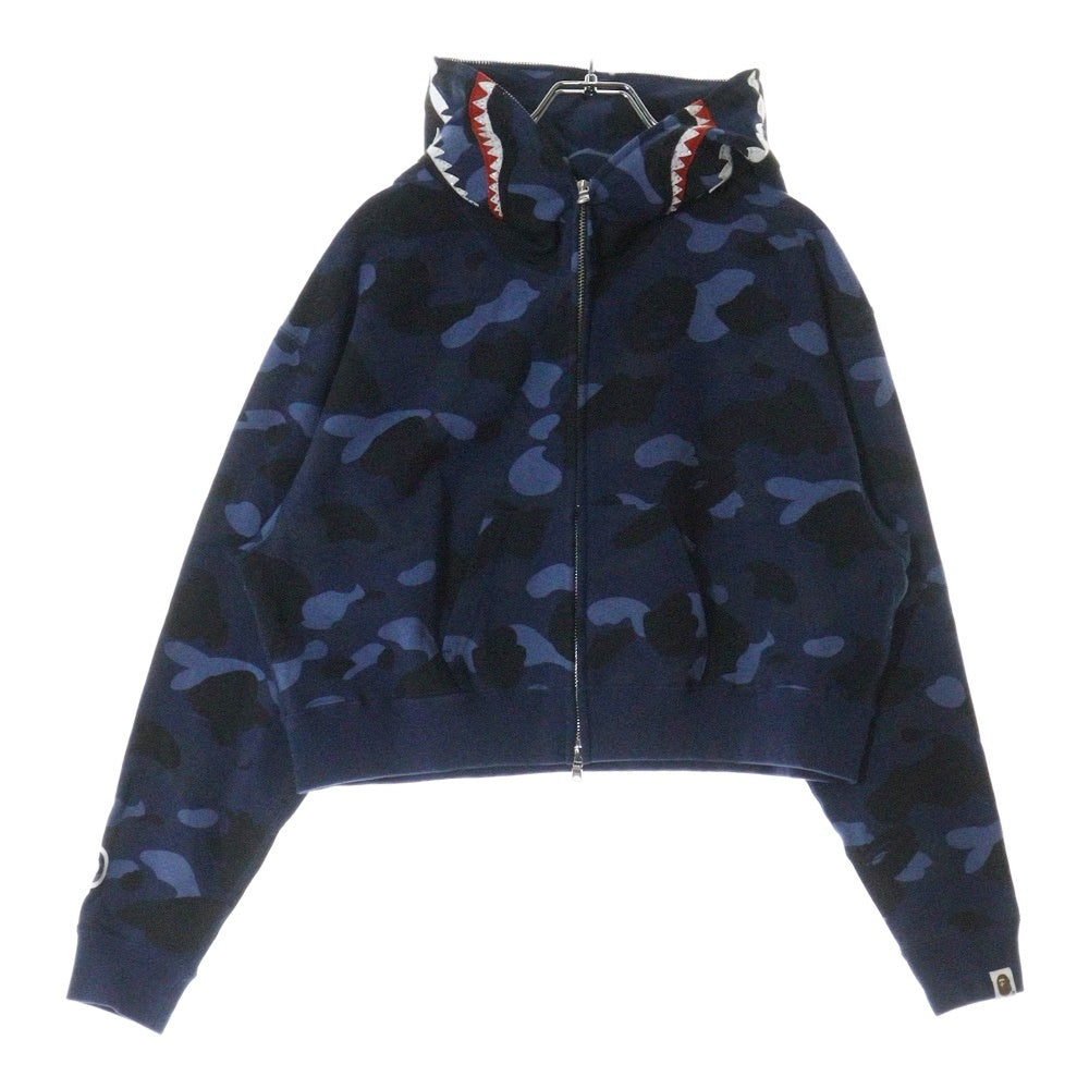 A BATHING APE(アベイシングエイプ) COLOR CAMO CRYSTAL STONE SHARK CROPPED FULL ZIP HOODIE カモ クリスタルストーン シャーク ジップアップパーカー レディース ブルー 001ZPL802010L