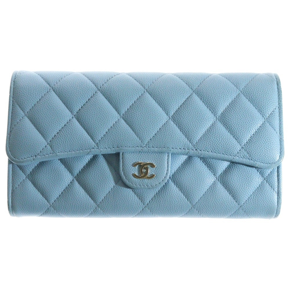 CHANEL(シャネル) マトラッセ ココマーク キャビアスキン フラップロングウォレット ライトブルー レディース