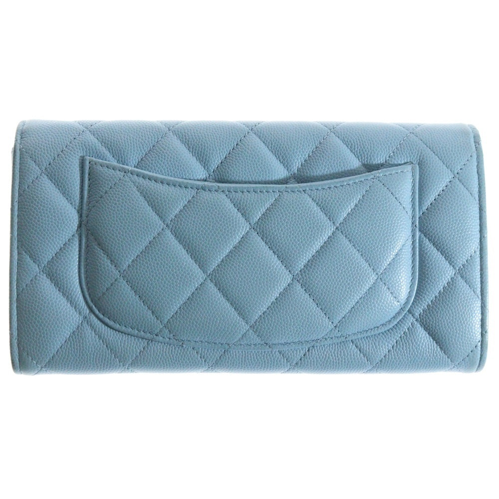 CHANEL(シャネル) マトラッセ ココマーク キャビアスキン フラップロングウォレット ライトブルー レディース