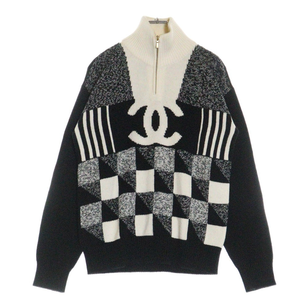 CHANEL(シャネル) ココマーク 総柄カシミヤハーフジップ長袖ニットシャツ レディース アイボリー/ブラック P73216K10523