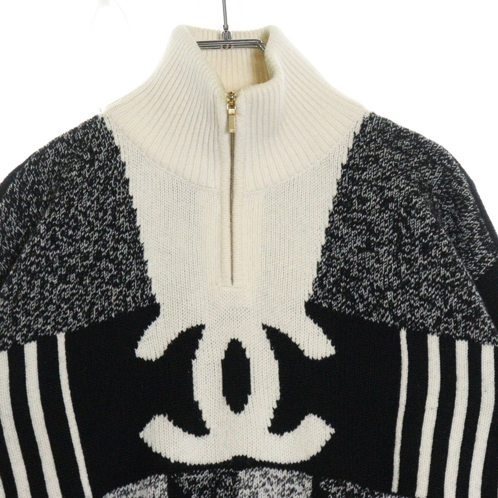 CHANEL(シャネル) ココマーク 総柄カシミヤハーフジップ長袖ニットシャツ レディース アイボリー/ブラック P73216K10523
