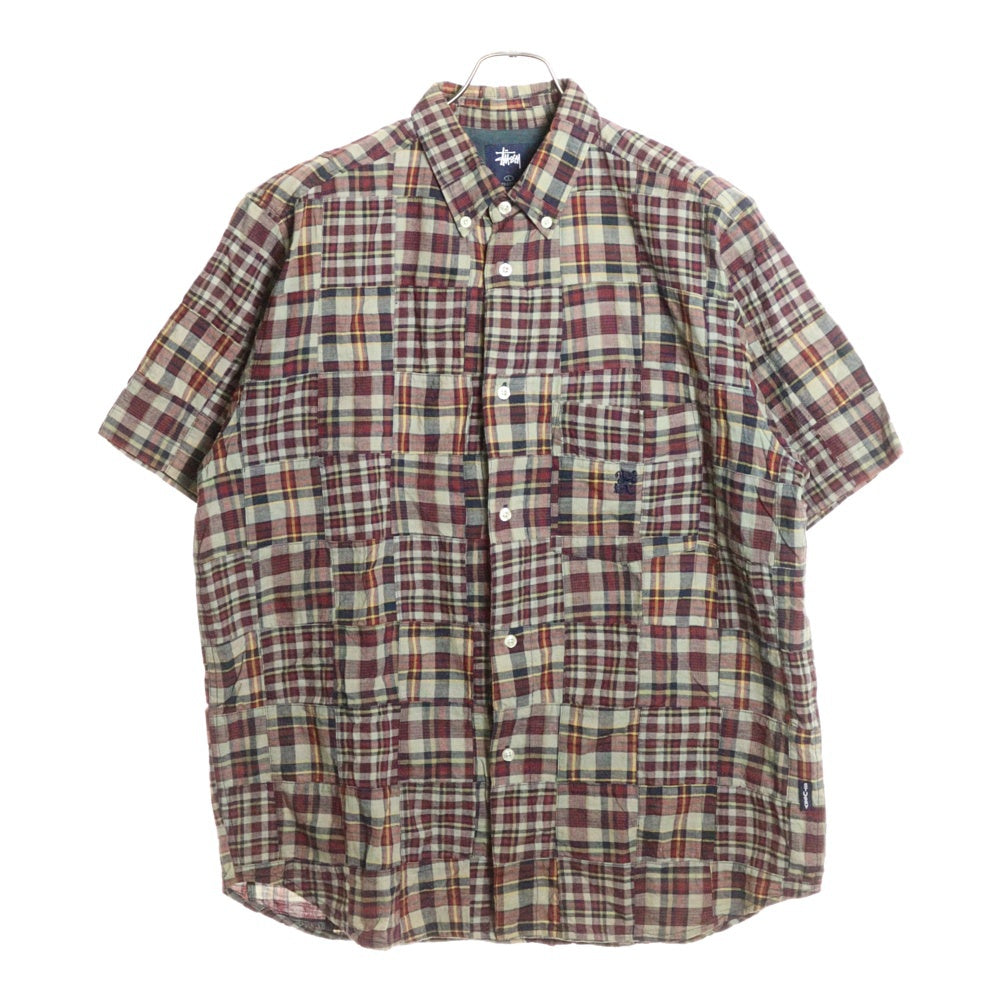 STUSSY(ステューシー) 90s 胸ライオン刺繍 パッチワークチェック半袖シャツ マルチカラー
