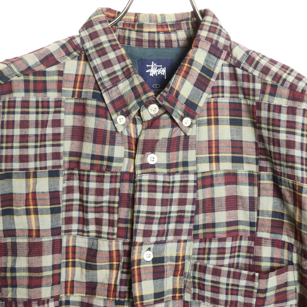 STUSSY(ステューシー) 90s 胸ライオン刺繍 パッチワークチェック半袖シャツ マルチカラー