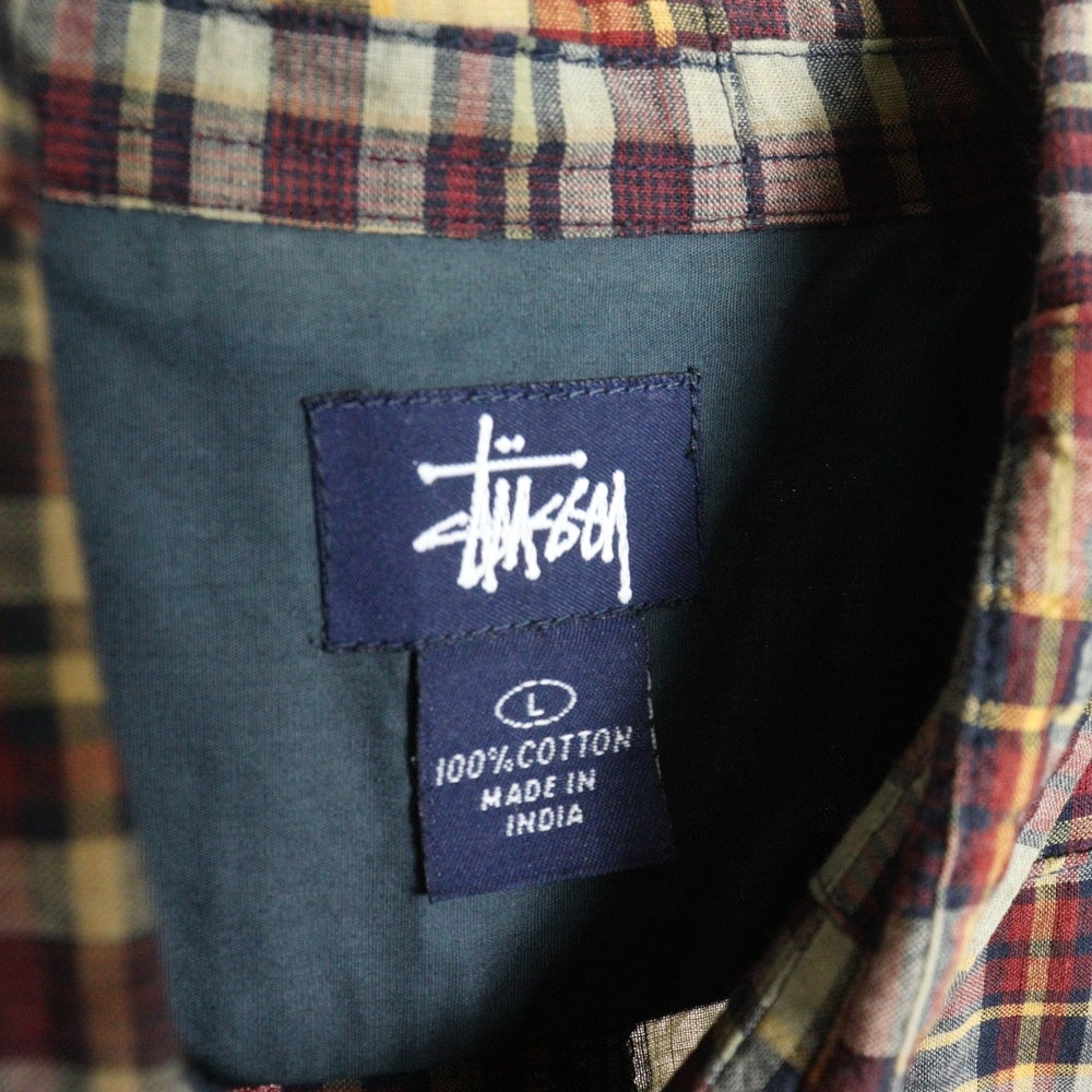 STUSSY(ステューシー) 90s 胸ライオン刺繍 パッチワークチェック半袖シャツ マルチカラー