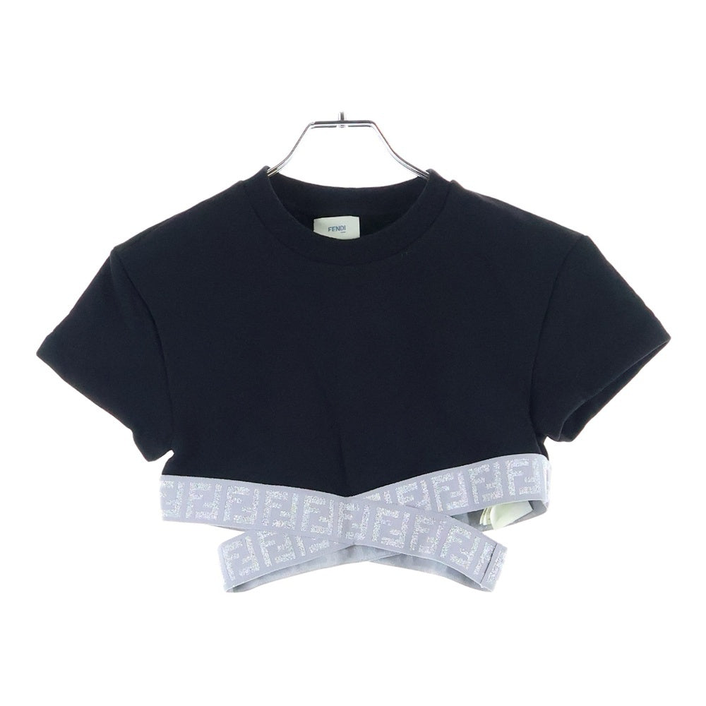 FENDI(フェンディ) 23AW FFロゴ ストラップ クロップド短丈クルーネック半袖Tシャツカットソー レディース ブラック JFI256 5V0