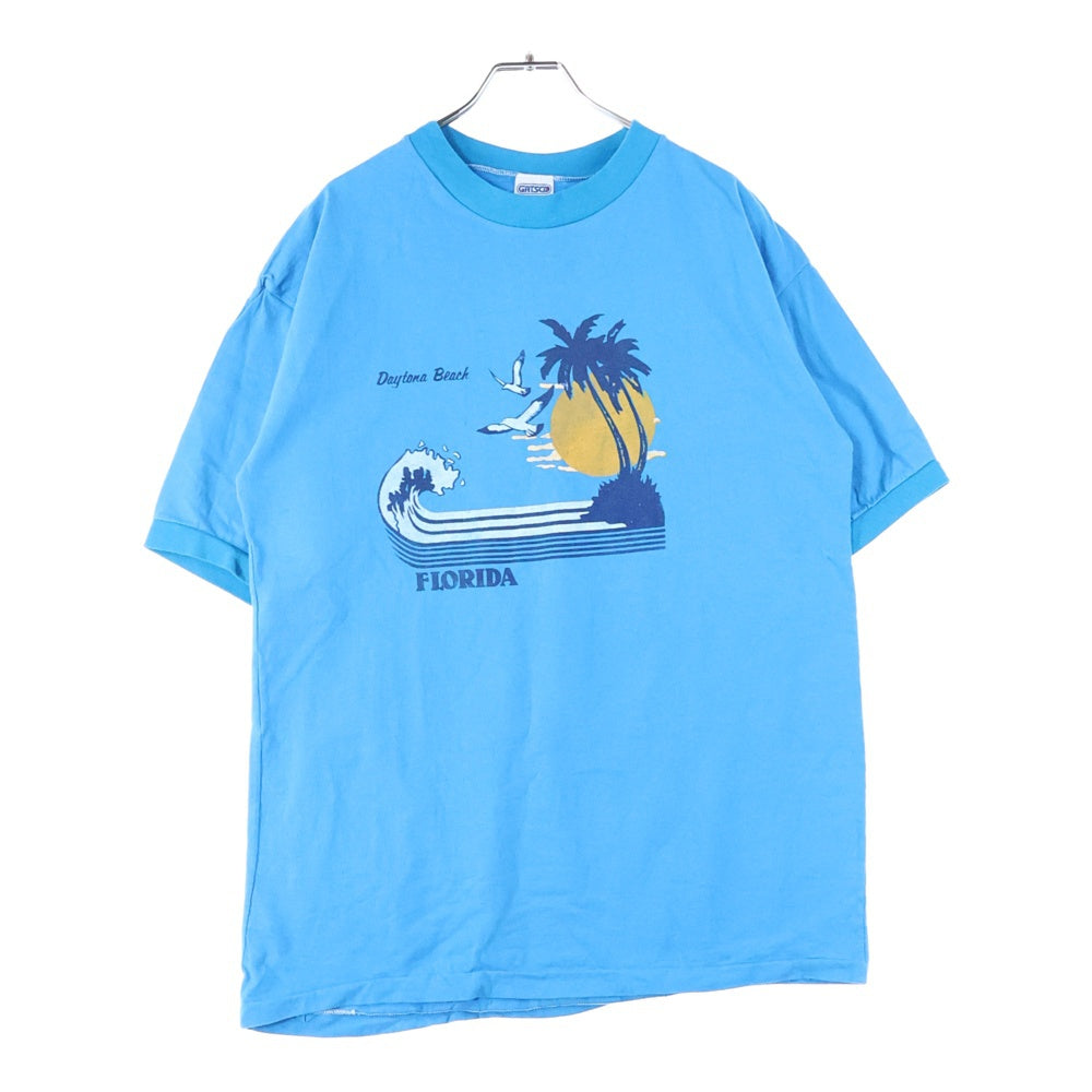 VINTAGE(ヴィンテージ) 80s GATSCO フロントプリントクルーネック半袖Tシャツカット ブルー