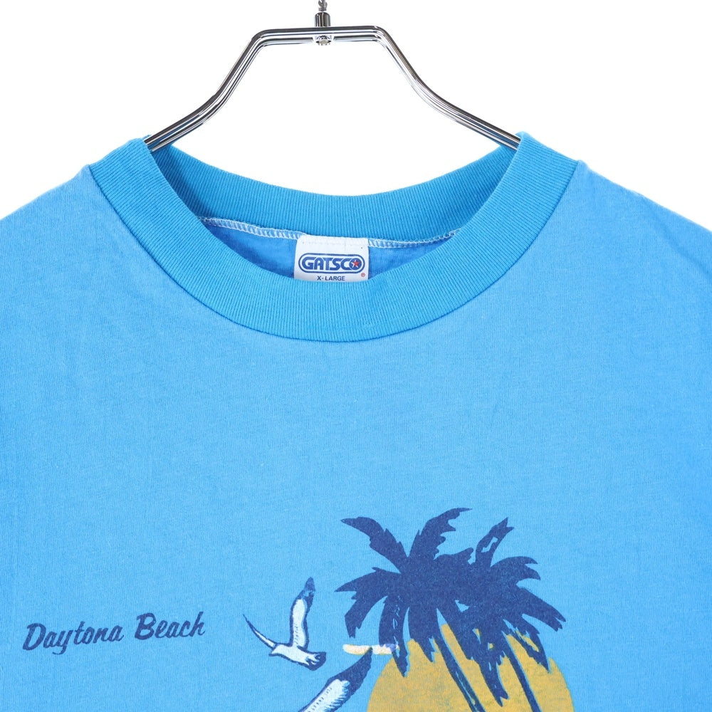 VINTAGE(ヴィンテージ) 80s GATSCO フロントプリントクルーネック半袖Tシャツカット ブルー