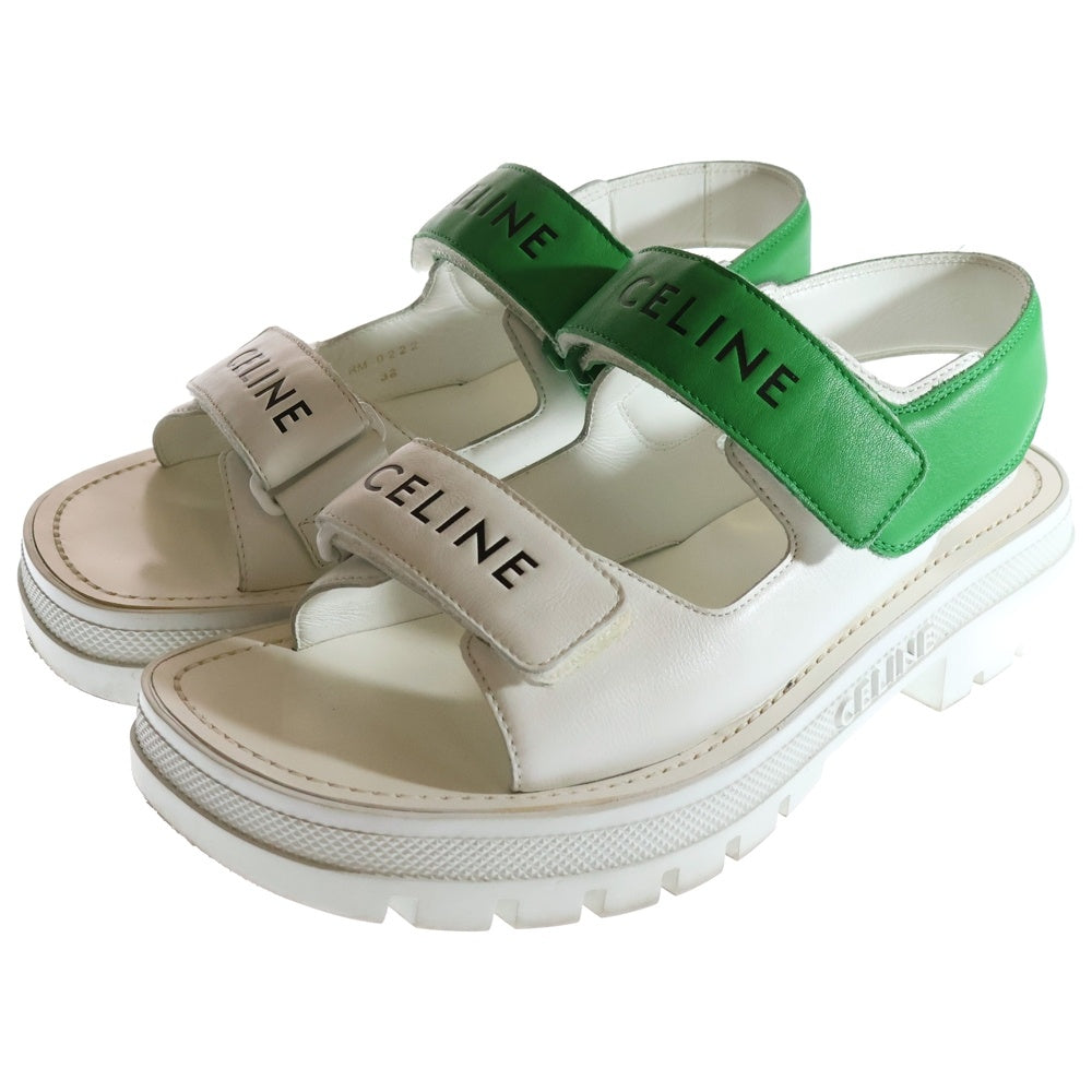 CELINE(セリーヌ) レオ ベルクロストラップ レザースポーツサンダル レディース ホワイト/グリーン
