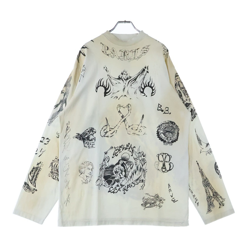 BALENCIAGA(バレンシアガ) 24SS Tattoo Distressed ダメージ加工総柄プリントクルーネック長袖Tシャツカットソー 790365 TQVR1