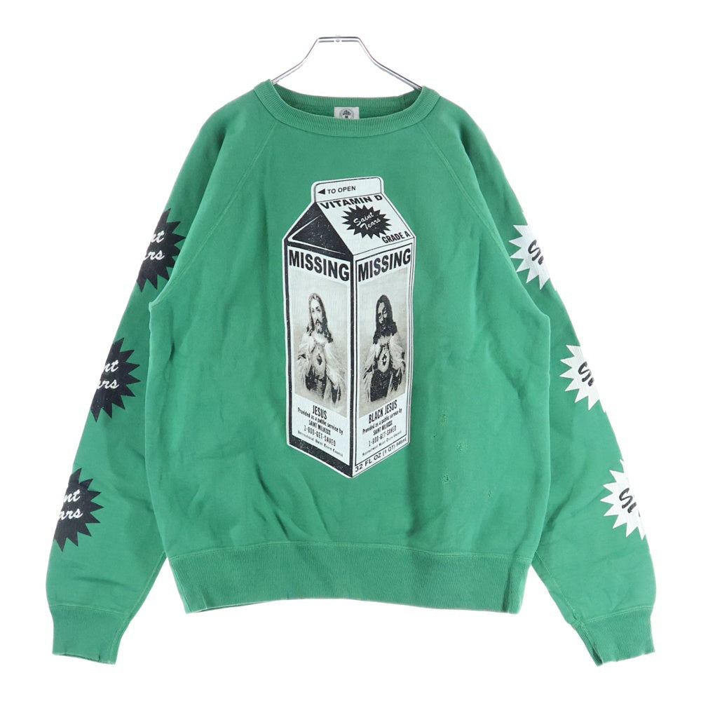 SAINT MICHAEL(セントマイケル) 22SS×Denim Tears SWEAT SHIRT ON THE MLK ×デニムティアーズ オンザミルク 長袖スウェット トレーナー ヴィンテージ加工 グリーン CTN SM-S22-0000-088