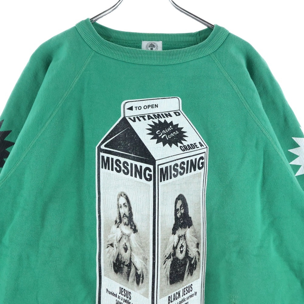SAINT MICHAEL(セントマイケル) 22SS×Denim Tears SWEAT SHIRT ON THE MLK ×デニムティアーズ オンザミルク 長袖スウェット トレーナー ヴィンテージ加工 グリーン CTN SM-S22-0000-088