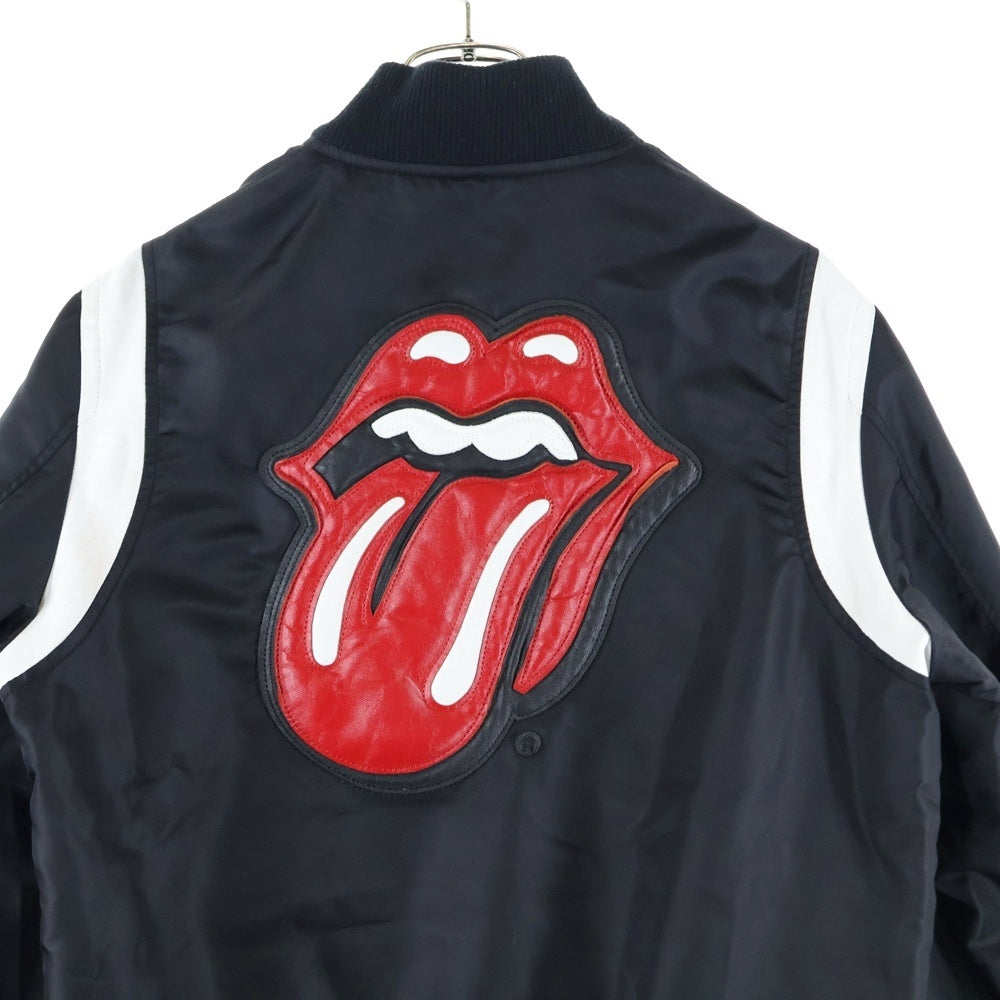 JACKROSE(ジャックローズ) THEROLLINGSTONES/B-TRS RIB BLOUSON ローリングストーンズ 胸ロゴ刺?レザー切替ブルゾンジャケット ブラック