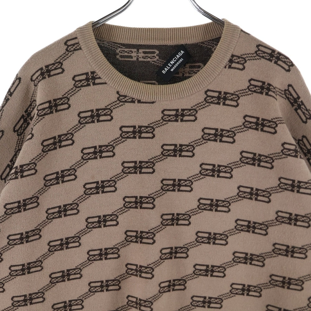 BALENCIAGA(バレンシアガ) 23SS 総柄モノグラムBBロゴ長袖ニット ブラウン P144 705033 T3253 9378