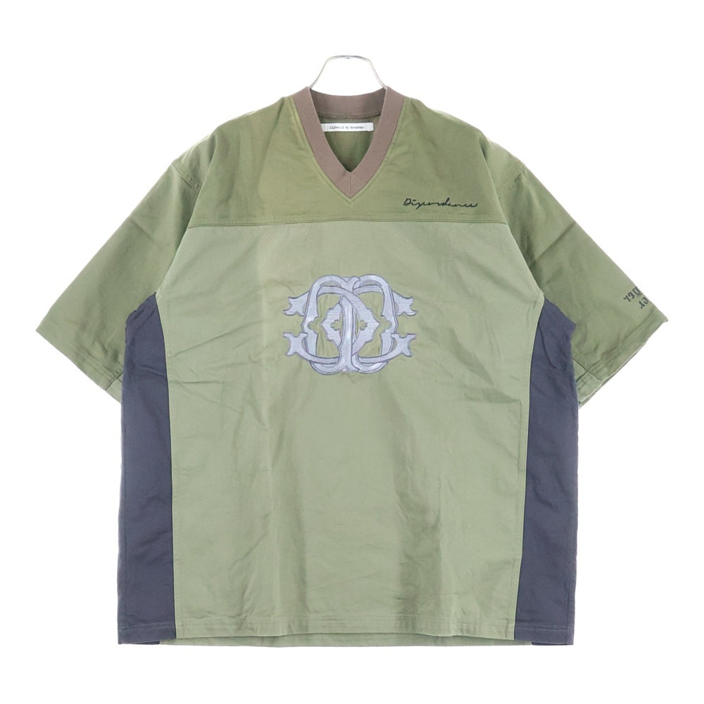 Children of the discordance(チルドレンオブザディスコーダンス) フロント刺繍 Vネック オーバーサイズコットン半袖Tシャツ カーキ