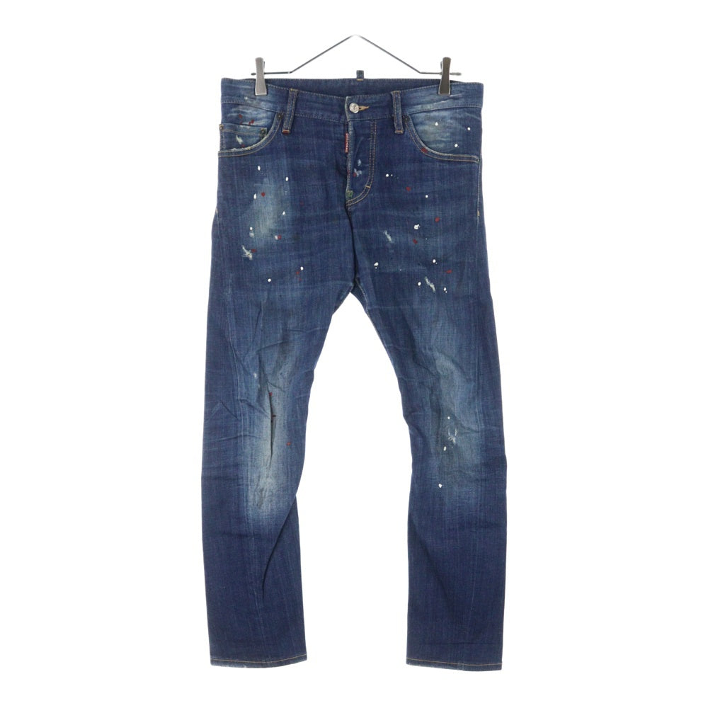 DSQUARED2(ディースクエアード) 14SS ボタンフライ ペイント加工 ストレートデニムパンツ ジーンズ インディゴ S74LA0595