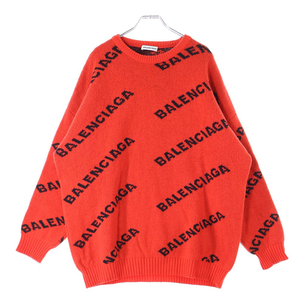 BALENCIAGA(バレンシアガ) 総柄ロゴプリント クルーネック長袖ニットセーター レッド 542601-T1473