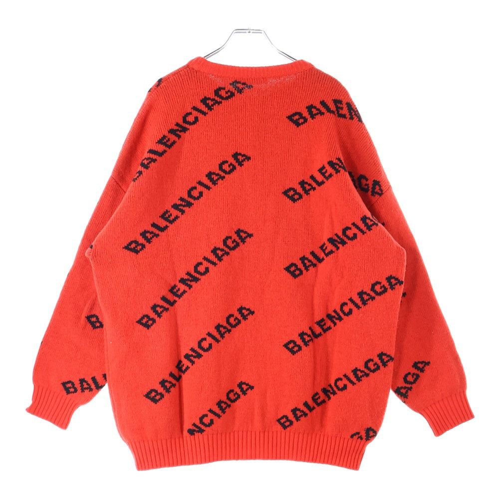 BALENCIAGA(バレンシアガ) 総柄ロゴプリント クルーネック長袖ニットセーター レッド 542601-T1473
