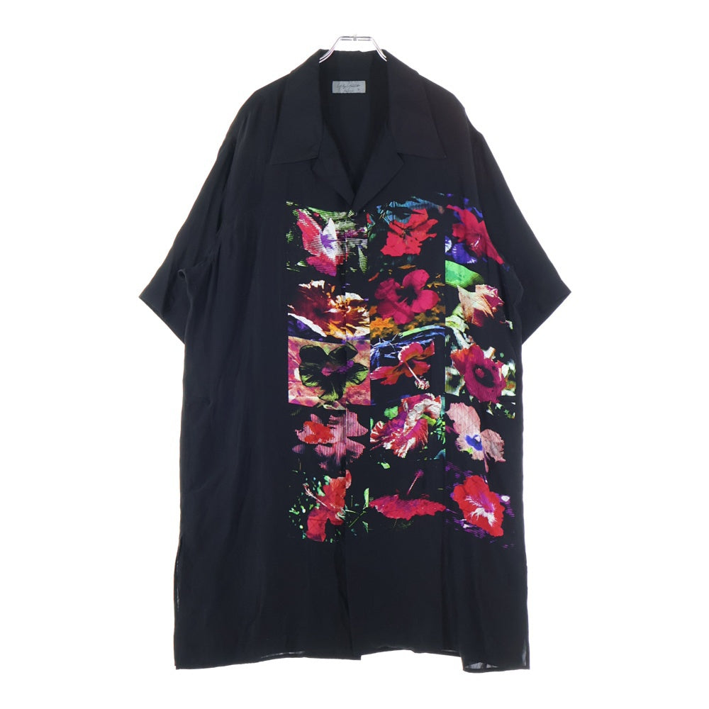 Yohji Yamamoto POUR HOMME(ヨウジヤマモト プールオム) 22SS フラシPKB フラワー柄シルクサテン ロング丈半袖シャツブラウス ブラック HG-B27-404