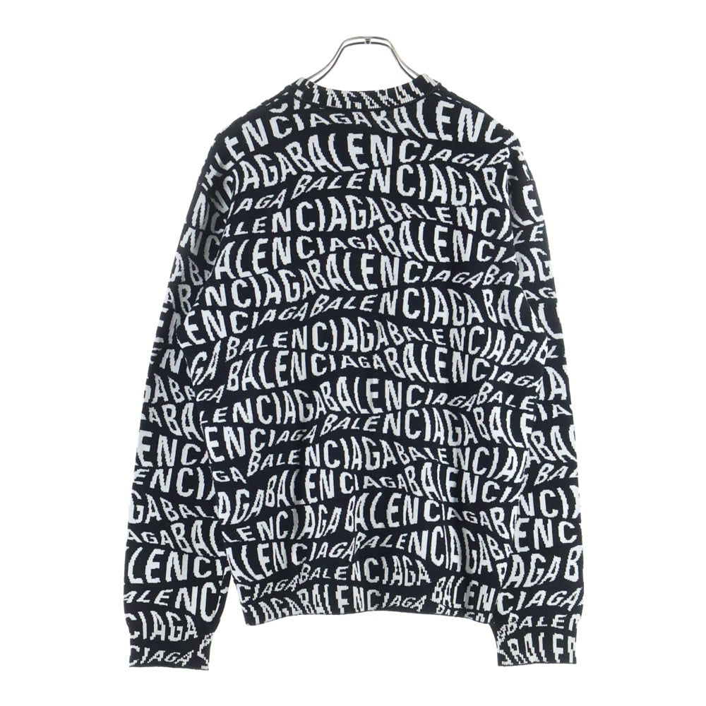 BALENCIAGA(バレンシアガ) 総柄ロゴデザイン ウール混クルーネック長袖ニット ブラック/ホワイト 583153 T1535