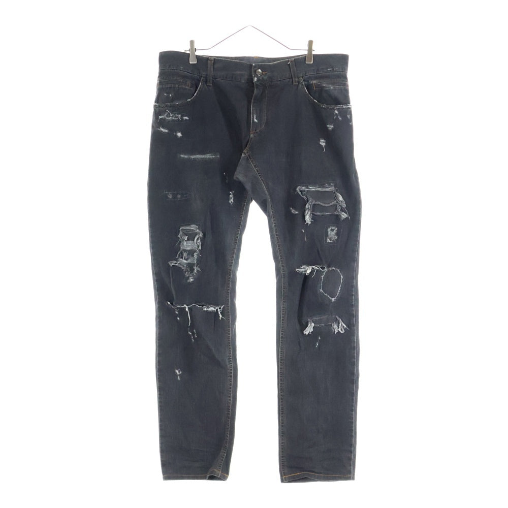 DOLCE & GABBANA(ドルチェアンドガッバーナ) ダメージ加工 デニムパンツ ストレートジーンズ ブラック G46KLD G8E22