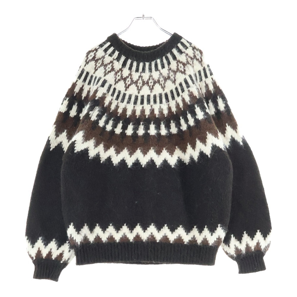 BEAMS(ビームス) シャギー ノルディック 総柄 クルーネック長袖ニットセーター ブラウン 11-15-0012-803