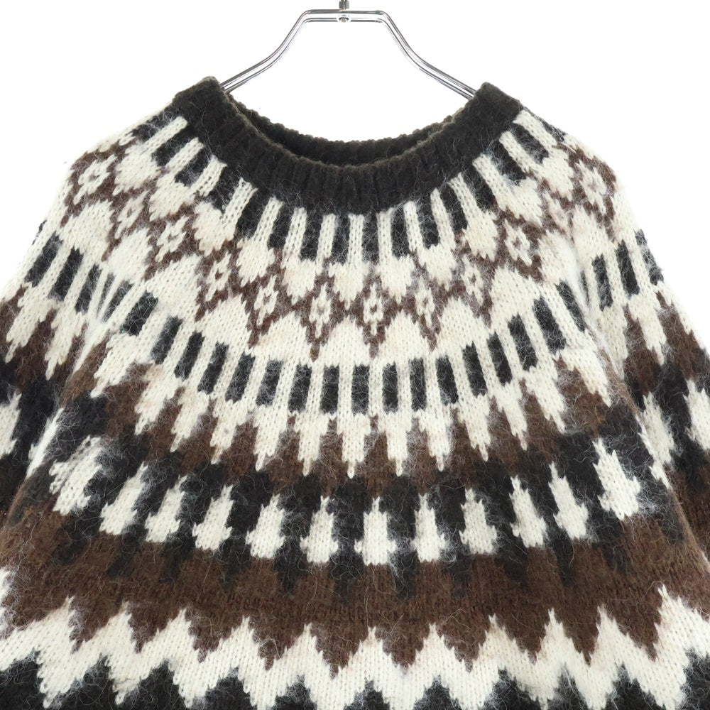 BEAMS(ビームス) シャギー ノルディック 総柄 クルーネック長袖ニットセーター ブラウン 11-15-0012-803